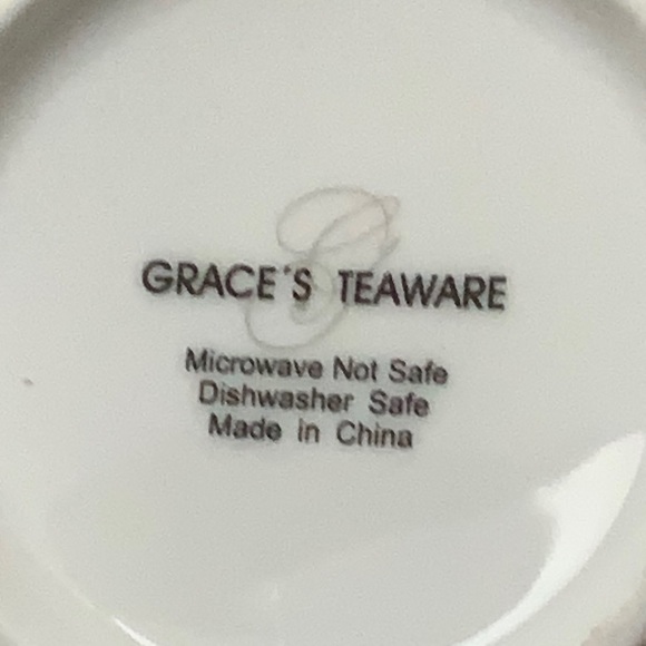 GRACES TEAWARE FLAT CUP SAUCER SET BLACK STRIPE & DOTS METALLIC GOLD DOTS NEW - Picture 14 of 14